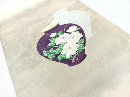 平和屋着物◎九寸名古屋帯　唐織　陶器花文　金糸　正絹　逸品　CABJ7827nb