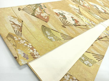 平和屋着物◎六通柄袋帯　唐織　扇面花鳥文　金糸　正絹　逸品　CABJ7848nb