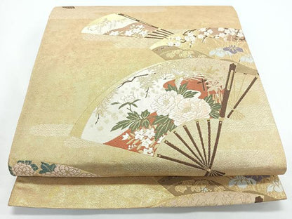 平和屋着物◎六通柄袋帯　唐織　扇面花鳥文　金糸　正絹　逸品　CABJ7848nb