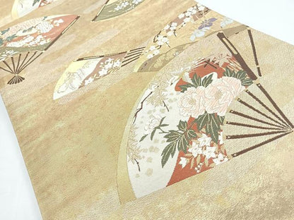 平和屋着物◎六通柄袋帯　唐織　扇面花鳥文　金糸　正絹　逸品　CABJ7848nb