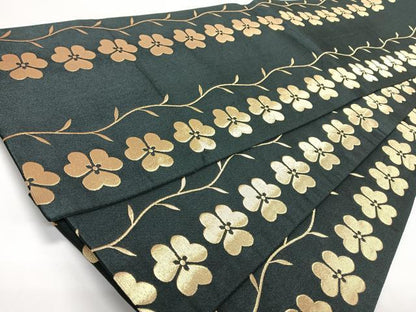 平和屋着物◎全通柄　九寸開き名古屋帯　草花文　黒地　金糸　未使用　CABJ7850nb