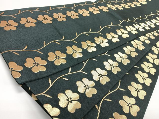 平和屋着物◎全通柄　九寸開き名古屋帯　草花文　黒地　金糸　未使用　CABJ7850nb