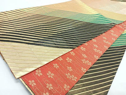 平和屋着物◎両面　六通柄袋帯　斜線文　金糸　正絹　逸品　CABJ7856nb