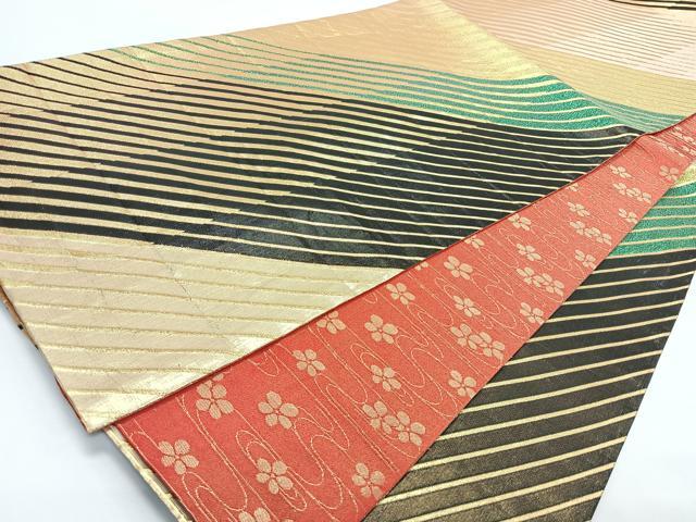 平和屋着物◎両面　六通柄袋帯　斜線文　金糸　正絹　逸品　CABJ7856nb