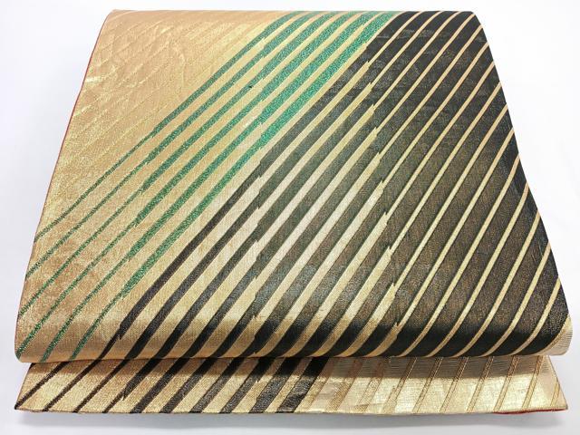 平和屋着物◎両面　六通柄袋帯　斜線文　金糸　正絹　逸品　CABJ7856nb