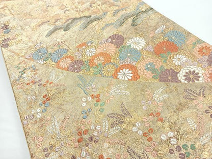 平和屋着物◎六通柄袋帯　唐織　草花文　金糸　正絹　逸品　CABJ7858nb