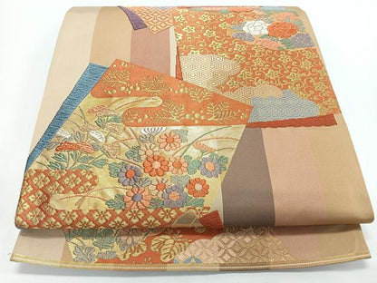 平和屋着物◎六通柄袋帯　唐織　色紙重ね花唐草文　金糸　正絹　逸品　CABJ7859nb