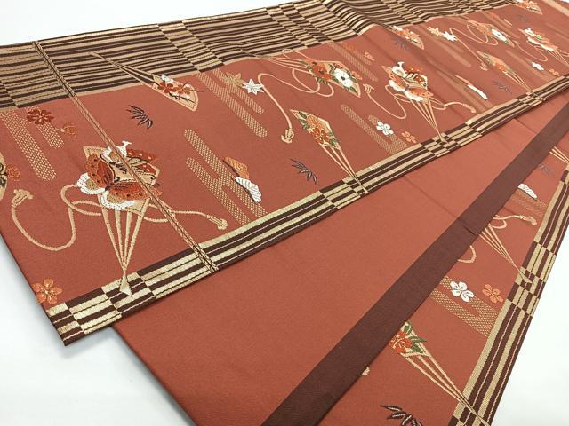 平和屋着物◎六通柄袋帯　唐織　扇面花蝶文　松竹梅　金糸　正絹　逸品　CABJ7860nb
