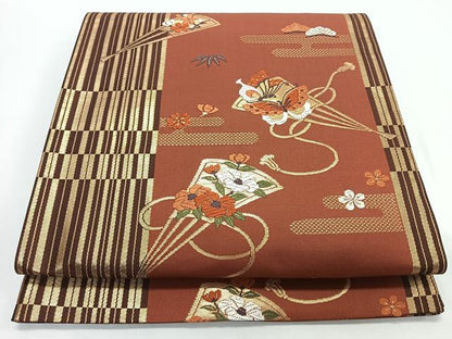 平和屋着物◎六通柄袋帯　唐織　扇面花蝶文　松竹梅　金糸　正絹　逸品　CABJ7860nb