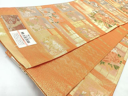 平和屋着物◎殿上佐賀錦　京の名門　じゅらく謹製　六通柄袋帯　色紙草花文　金銀糸　証紙付き　上代38万　正絹　逸品　未使用　CABJ7861nb