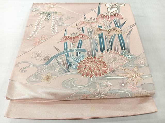 平和屋着物◎太鼓柄袋帯　駒刺繍　切嵌花鳥文　金銀糸　正絹　逸品　CABJ7866nb
