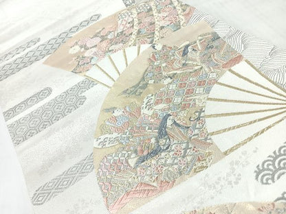 平和屋着物◎太鼓柄袋帯　唐織　扇面取り三十六歌仙図　プラチナ箔　正絹　逸品　CABJ7870nb