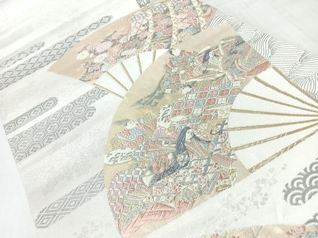 平和屋着物◎太鼓柄袋帯　唐織　扇面取り三十六歌仙図　プラチナ箔　正絹　逸品　CABJ7870nb