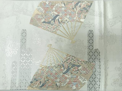 平和屋着物◎太鼓柄袋帯　唐織　扇面取り三十六歌仙図　プラチナ箔　正絹　逸品　CABJ7870nb