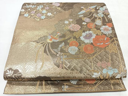 平和屋着物◎六通柄袋帯　九百晋花鳥錦　金糸　正絹　逸品　CABJ7874nb