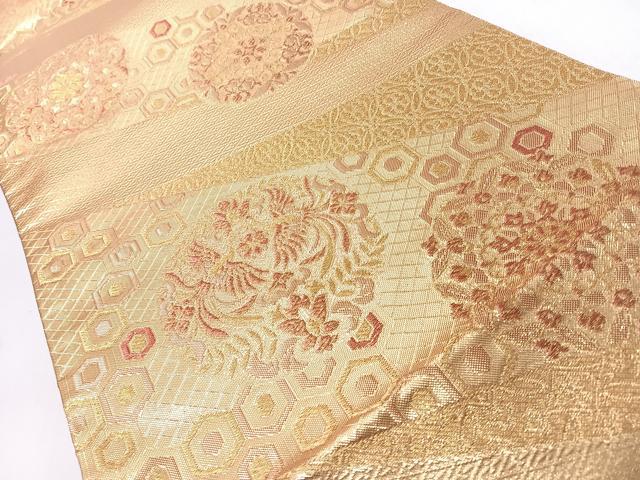 平和屋着物◎佐賀錦　六通柄袋帯　正倉院向かい鳥花文　鳳凰　金糸　正絹　逸品　CABJ7878nb