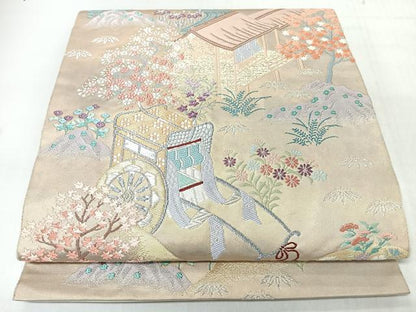 平和屋着物◎太鼓柄袋帯　御所車風景文　金銀糸　正絹　逸品　CABJ7888nb