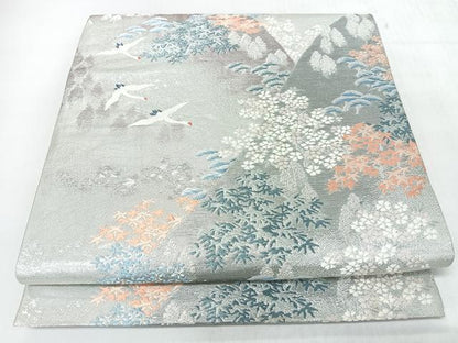平和屋着物◎太鼓柄袋帯　唐織　遠山飛鶴草花文　銀糸　正絹　逸品　CABJ7892nb