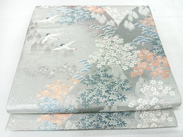 平和屋着物◎太鼓柄袋帯　唐織　遠山飛鶴草花文　銀糸　正絹　逸品　CABJ7892nb