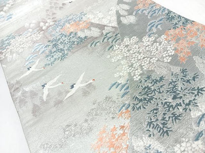 平和屋着物◎太鼓柄袋帯　唐織　遠山飛鶴草花文　銀糸　正絹　逸品　CABJ7892nb