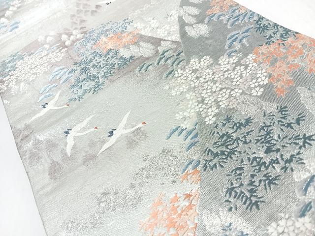 平和屋着物◎太鼓柄袋帯　唐織　遠山飛鶴草花文　銀糸　正絹　逸品　CABJ7892nb
