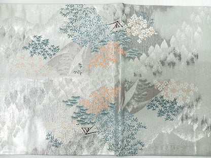 平和屋着物◎太鼓柄袋帯　唐織　遠山飛鶴草花文　銀糸　正絹　逸品　CABJ7892nb