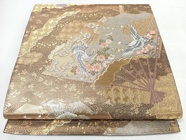 平和屋着物◎六通柄袋帯　唐織　流水扇面飛鶴草花文　金銀糸　正絹　逸品　CABJ7893nb