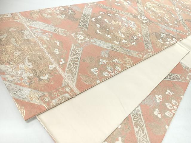 平和屋着物◎西陣　服部織物謹製　六通柄袋帯　こはく錦　向かい鳥更紗花文　金銀し　二重箔織　正絹　逸品　CABJ7901nb