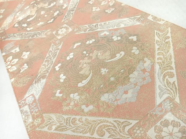 平和屋着物◎西陣　服部織物謹製　六通柄袋帯　こはく錦　向かい鳥更紗花文　金銀し　二重箔織　正絹　逸品　CABJ7901nb