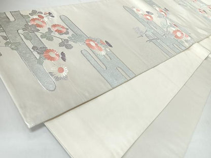 平和屋着物◎太鼓柄袋帯　刺繍　草花文　銀糸　正絹　逸品　CABJ7902nb