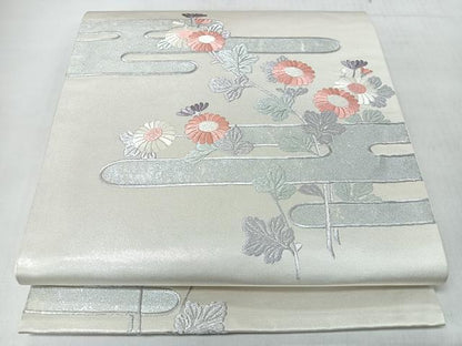 平和屋着物◎太鼓柄袋帯　刺繍　草花文　銀糸　正絹　逸品　CABJ7902nb