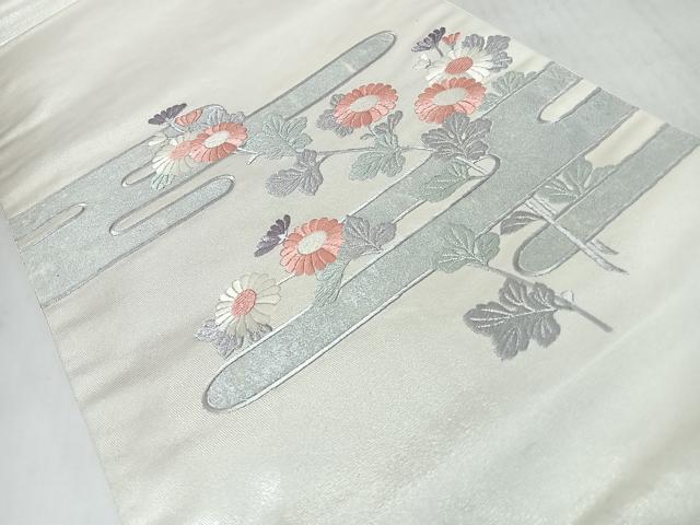 平和屋着物◎太鼓柄袋帯　刺繍　草花文　銀糸　正絹　逸品　CABJ7902nb