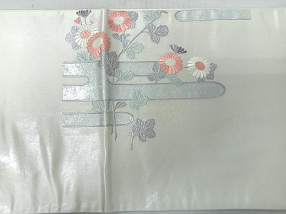 平和屋着物◎太鼓柄袋帯　刺繍　草花文　銀糸　正絹　逸品　CABJ7902nb
