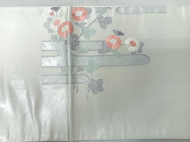 平和屋着物◎太鼓柄袋帯　刺繍　草花文　銀糸　正絹　逸品　CABJ7902nb