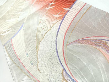 平和屋着物◎六通柄袋帯　飛鶴舞花文　金銀糸　正絹　逸品　未使用　CABJ7903nb