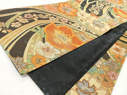 平和屋着物◎六通柄袋帯　草花文　金糸　正絹　逸品　CABJ7908nb