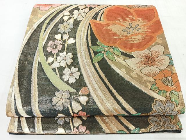 平和屋着物◎六通柄袋帯　草花文　金糸　正絹　逸品　CABJ7908nb