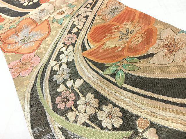 平和屋着物◎六通柄袋帯　草花文　金糸　正絹　逸品　CABJ7908nb
