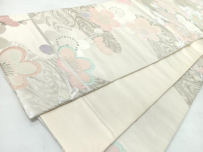 平和屋着物◎六通柄袋帯　枝梅文　銀糸　正絹　逸品　CABJ7914nb