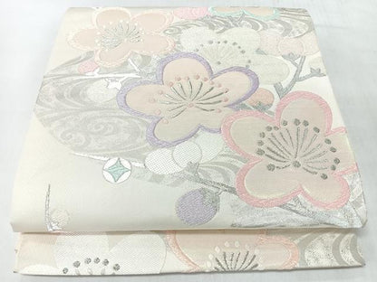 平和屋着物◎六通柄袋帯　枝梅文　銀糸　正絹　逸品　CABJ7914nb