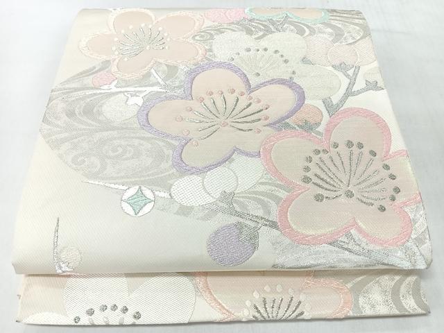 平和屋着物◎六通柄袋帯　枝梅文　銀糸　正絹　逸品　CABJ7914nb