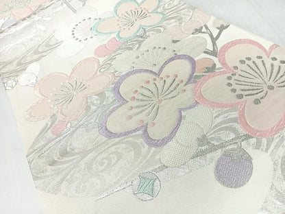 平和屋着物◎六通柄袋帯　枝梅文　銀糸　正絹　逸品　CABJ7914nb