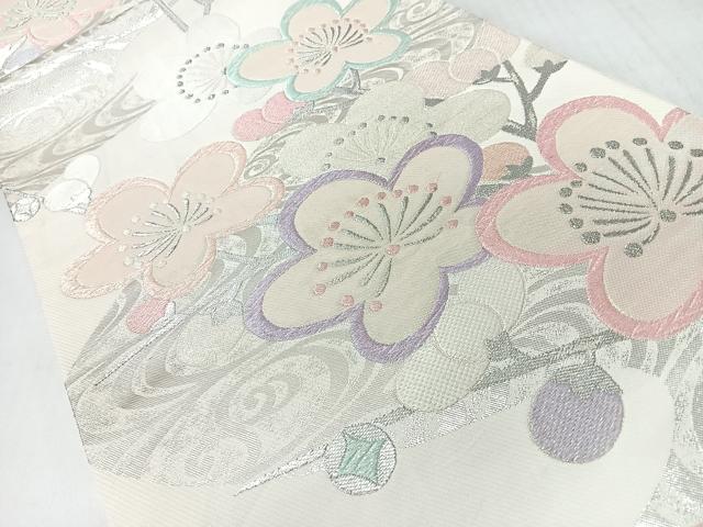 平和屋着物◎六通柄袋帯　枝梅文　銀糸　正絹　逸品　CABJ7914nb