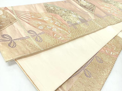 平和屋着物◎六通柄袋帯　扇面向かい鳥草花文　金糸　正絹　逸品　CABJ7937nb