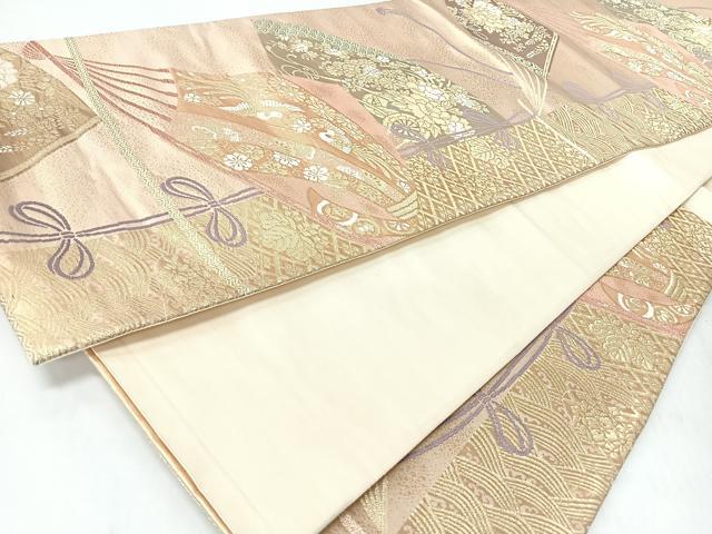 平和屋着物◎六通柄袋帯　扇面向かい鳥草花文　金糸　正絹　逸品　CABJ7937nb