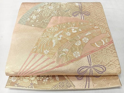 平和屋着物◎六通柄袋帯　扇面向かい鳥草花文　金糸　正絹　逸品　CABJ7937nb