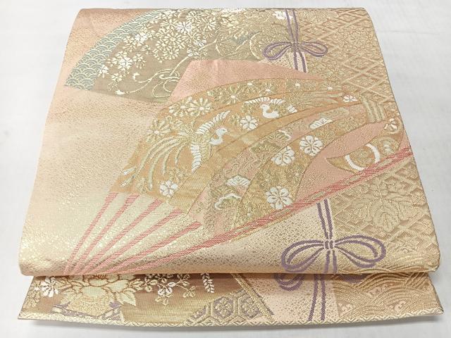平和屋着物◎六通柄袋帯　扇面向かい鳥草花文　金糸　正絹　逸品　CABJ7937nb