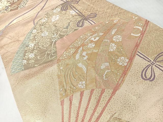 平和屋着物◎六通柄袋帯　扇面向かい鳥草花文　金糸　正絹　逸品　CABJ7937nb