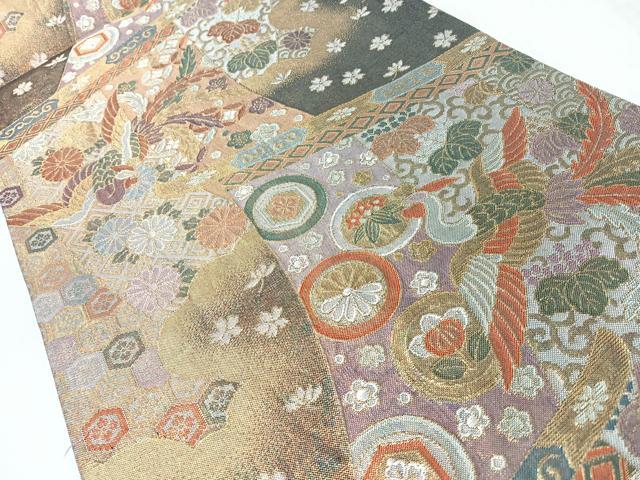 平和屋着物◎全通柄袋帯　彩雅錦　几帳草花鳳凰文　金糸　正絹　逸品　CABJ7941nb