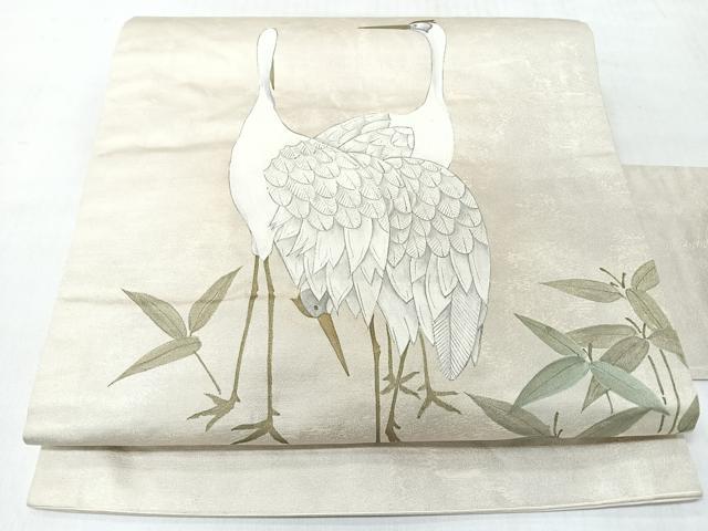 平和屋着物◎九寸名古屋帯　手描き　鶴　正絹　逸品　CABJ7943nb